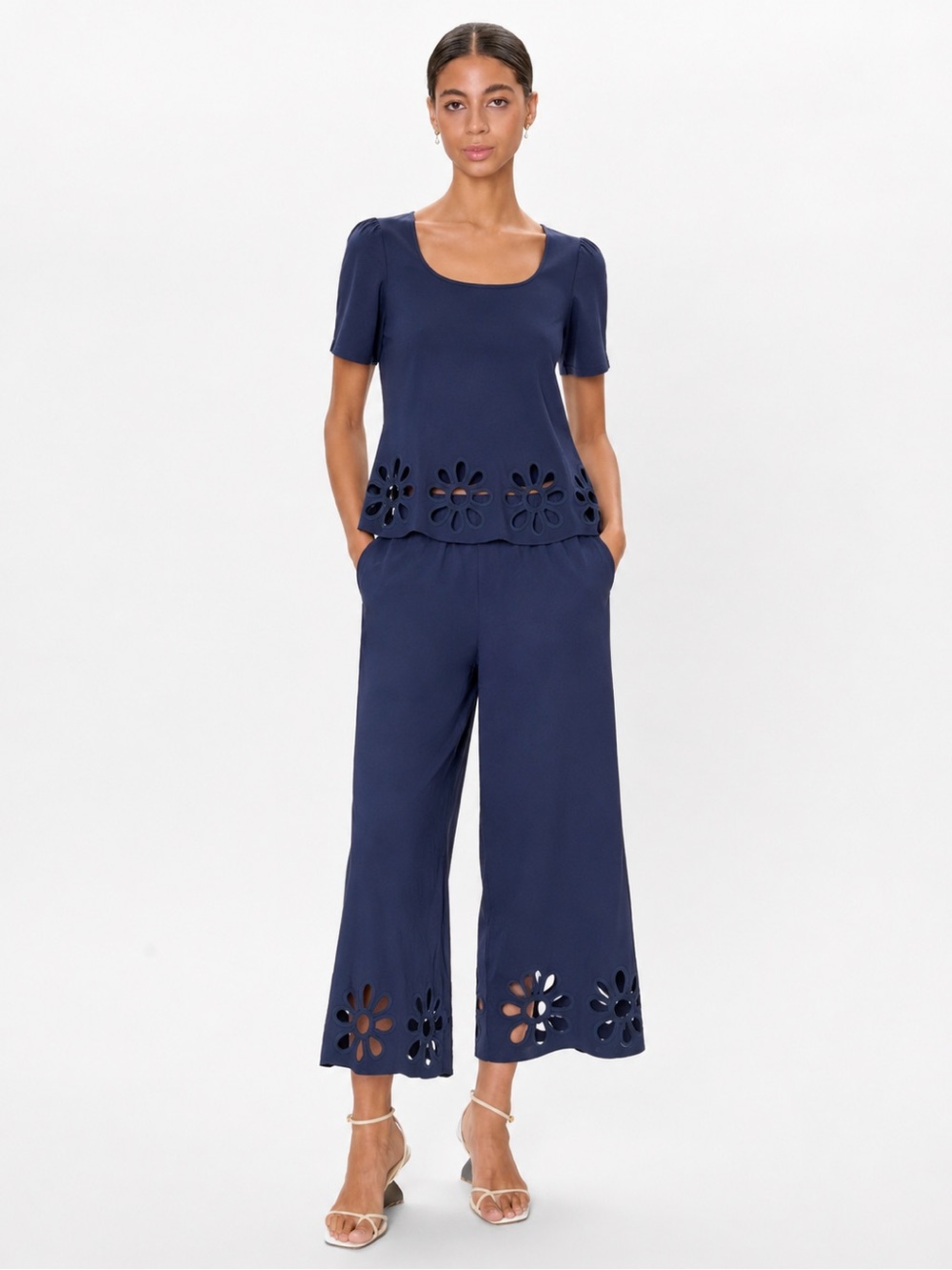 Rebecca Taylor (SET)  | M | Navy Eyelet Hem High-Waist Wide-Leg pants/Top